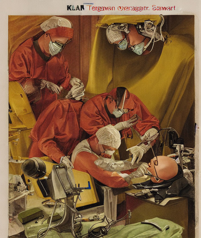 Vintage surgical scene: two surgeons in red and white operating in old medical room.