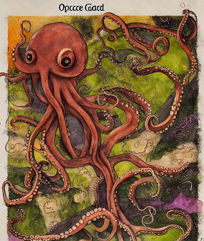 Detailed octopus illustration on green textured background with cyrillic text.