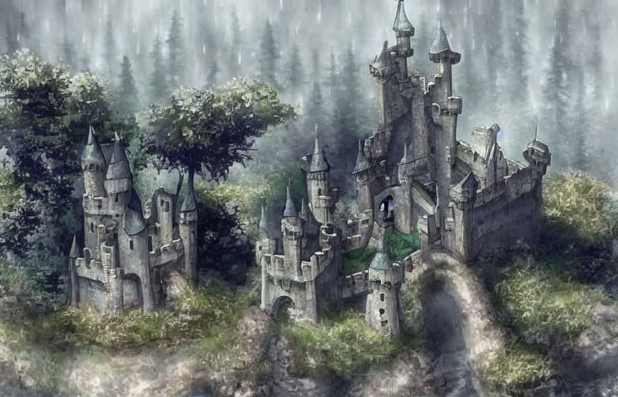 Medieval castle in foggy forest with spires and stone walls
