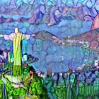 Colorful floral background with Jesus-like figure and fish - Artistic Image