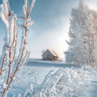 Snowy Winter Landscape with Small House and Sun Peeking Out