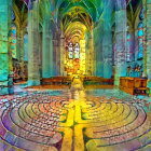 Colorful Psychedelic Art: Golden Structure Amidst Fantastical Elements