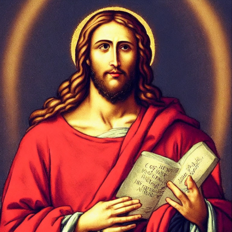 Traditional Religious Portrait of Figure with Long Brown Hair and Beard in Red Robe Holding Open Book