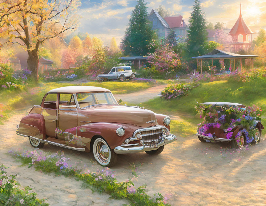 Vintage cars, charming house, lush gardens in warm sunlight