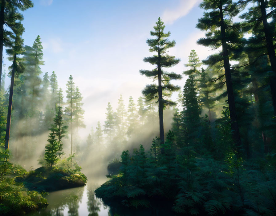 Tranquil Forest Landscape with Sun Rays and Misty River