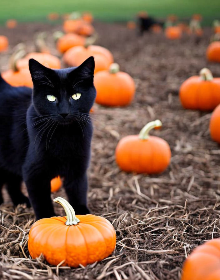 Black cat in pumpkin patch