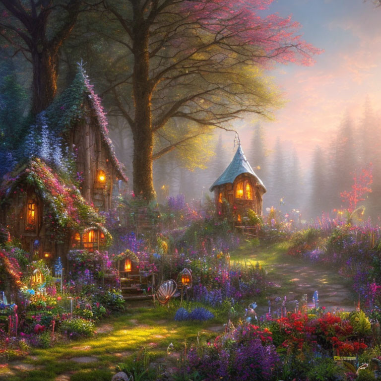 Enchanting Forest Glade with Fantasy Cottages and Magical Atmosphere