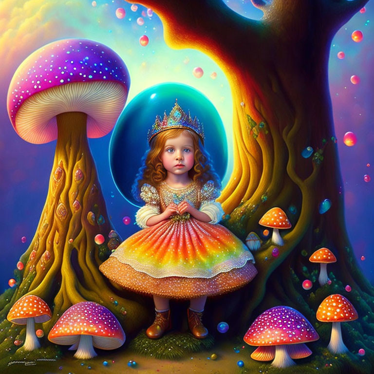 Young girl as princess under large tree with glowing mushrooms in colorful fairy-tale scene