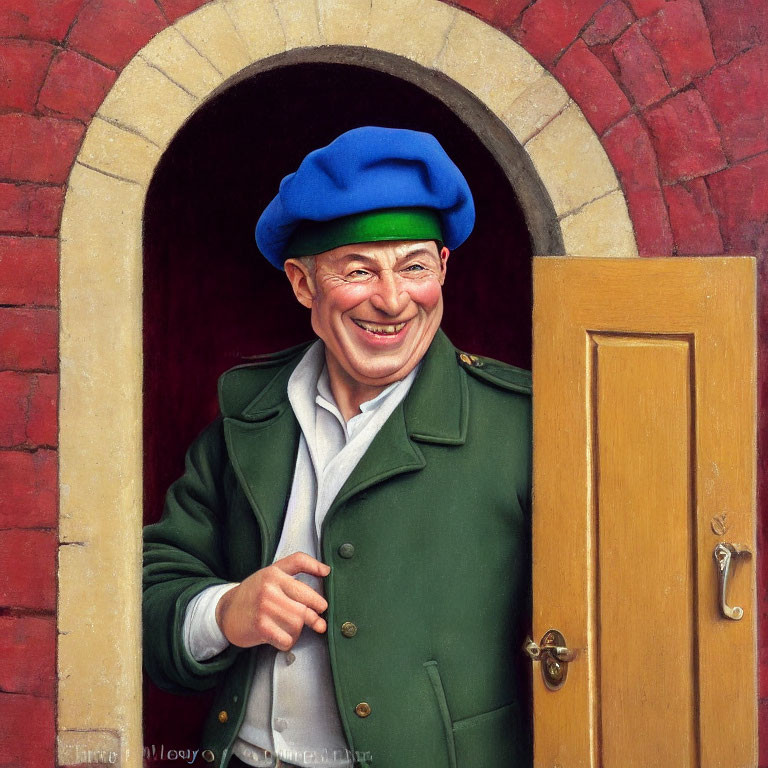 Cheerful man in green coat and blue beret at arched doorway with red brick wall,