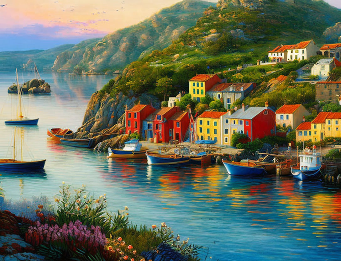 Tranquil Coastal Village with Colorful Houses and Moored Boats