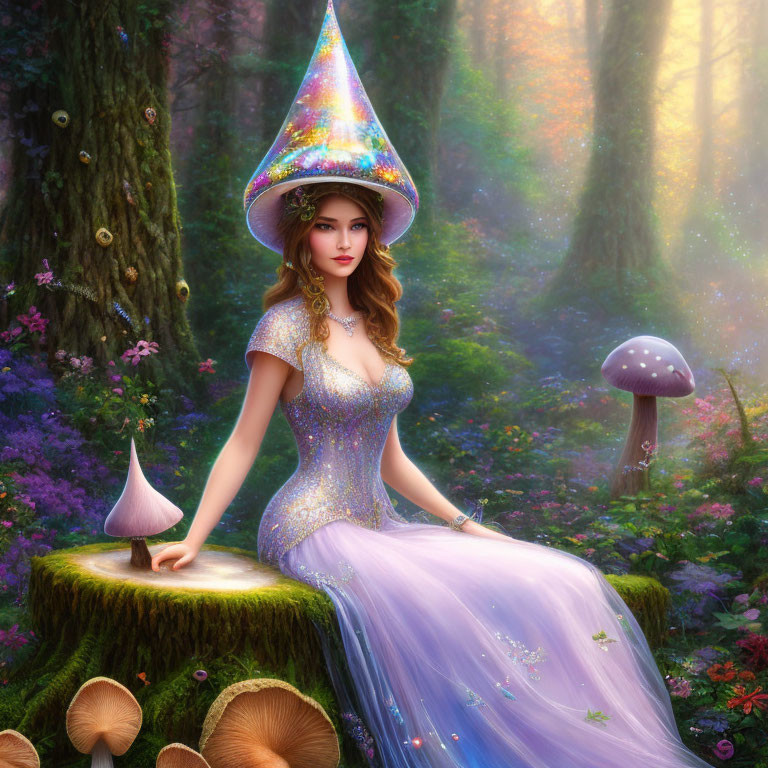 Fantasy illustration of sorceress in enchanted forest