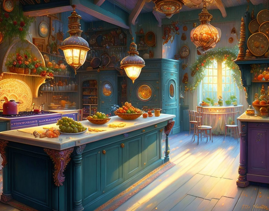 Vibrant kitchen with blue cabinets, fruits, warm lighting, and sunny window.
