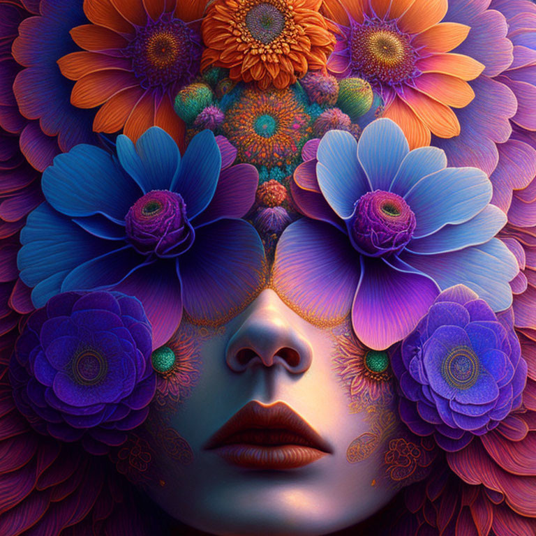 Digital Artwork: Woman's Face with Colorful Flower Hair & Eyes