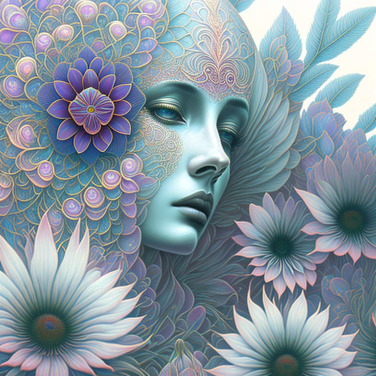 Surreal feminine face with ornate floral patterns in soft blue, purple, and teal