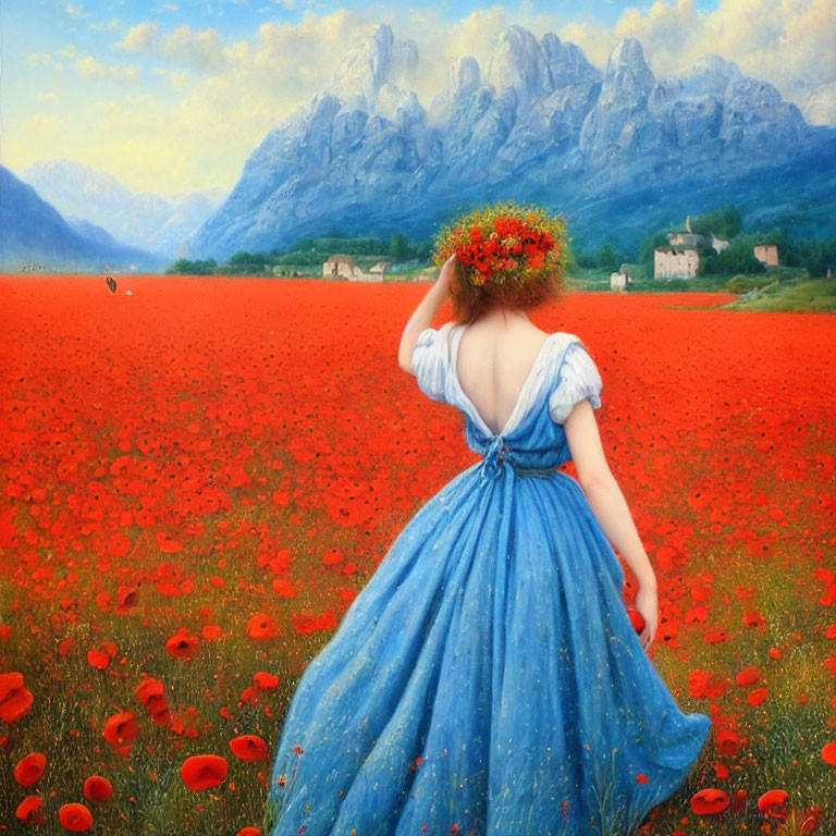 Woman in Blue Dress with Flower Crown Walking in Poppy Field with Mountain Range