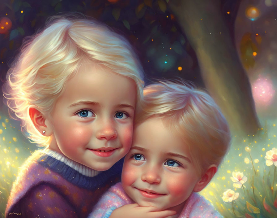 Digital painting of two young children with blonde curly hair and blue eyes in a warm, glowing nature setting