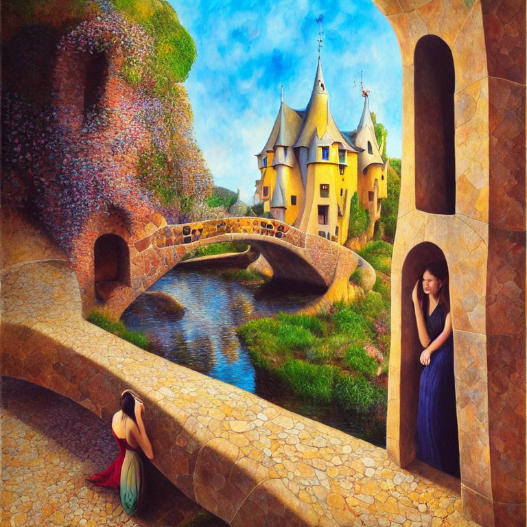 Whimsical painting of two women by river and castle