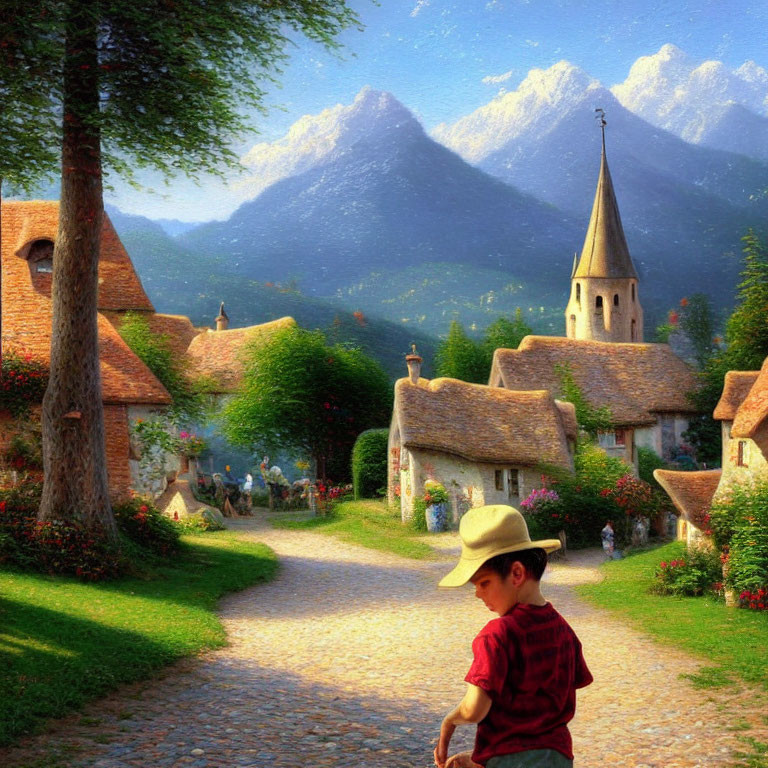 Child in hat walking on village road with cottages, church steeple, and mountains.