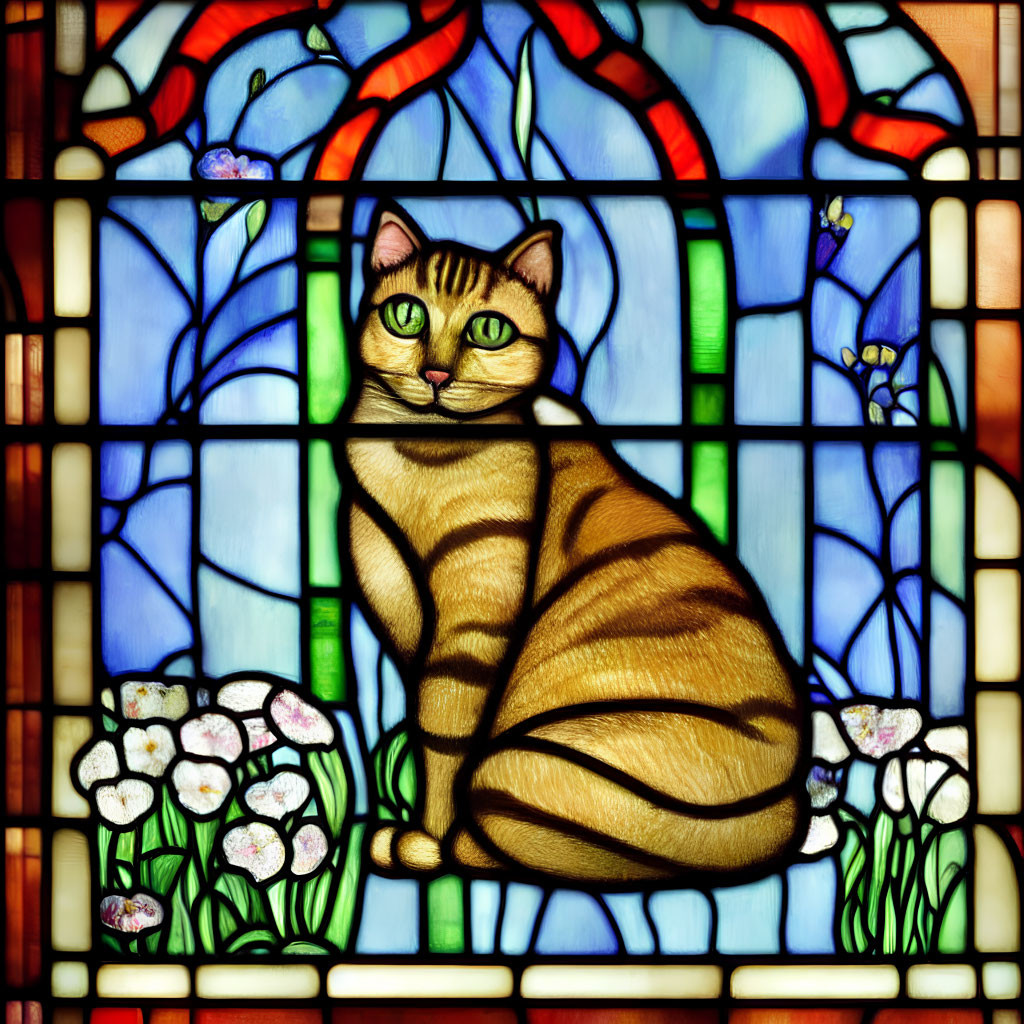 Colorful Stained Glass Window with Cat and Flower Motif