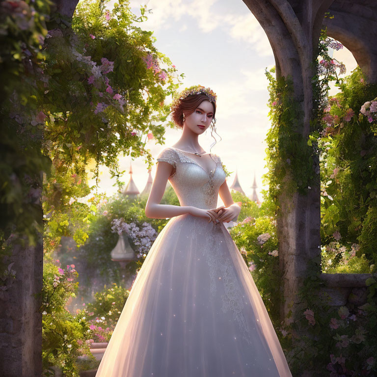 Elegant woman in gown by floral archway with castle view