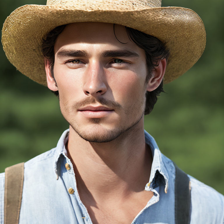 Young man in straw hat and denim shirt gazes into distance with blurred greenery.