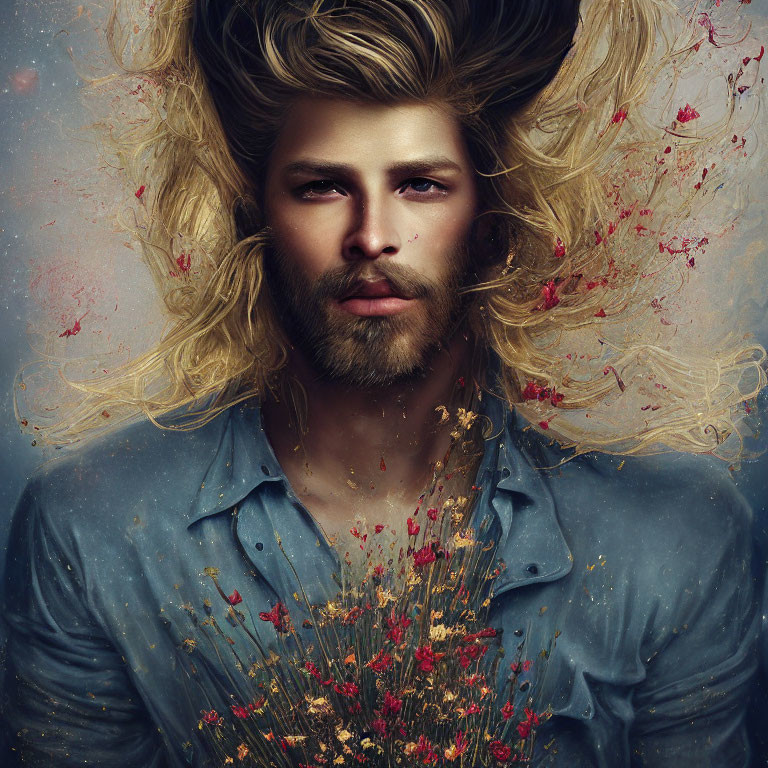 Surreal portrait of man with blonde hair and flowers