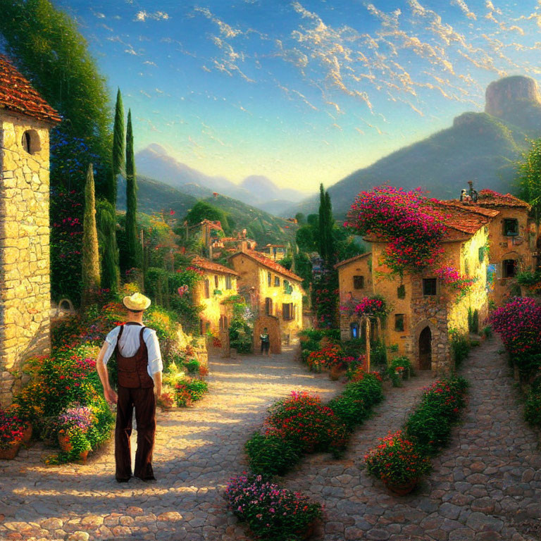 Man in Straw Hat Admiring Cobblestone Village with Historic Stone Houses