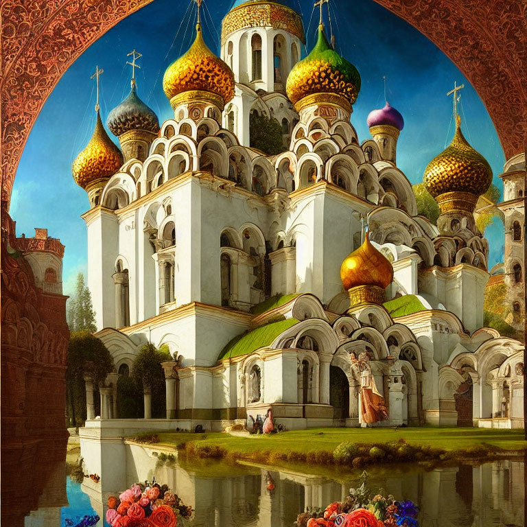 Colorful domed cathedral reflected in water amidst lush vegetation