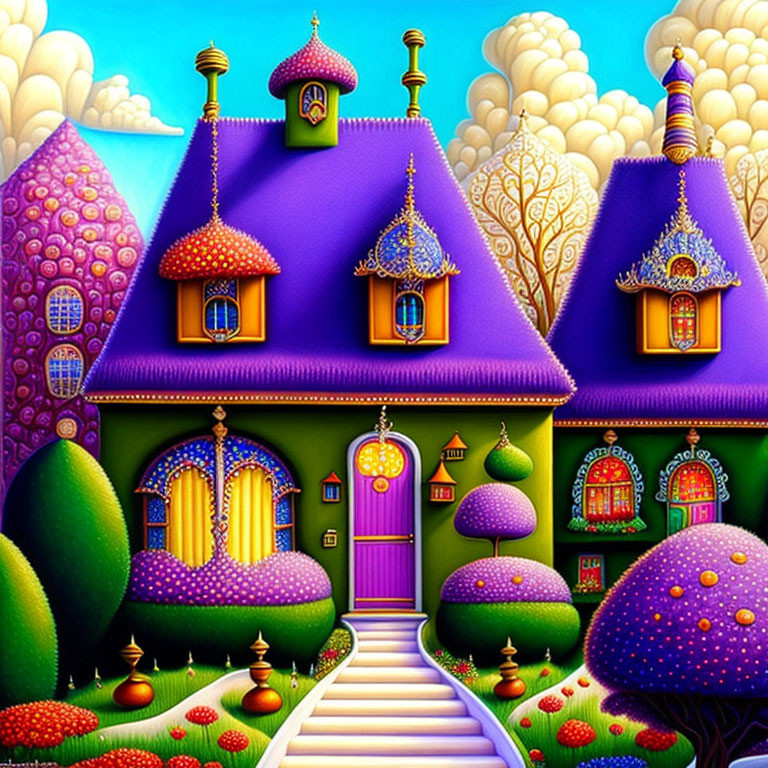 Colorful painting of whimsical houses and fantastical trees under bright sky