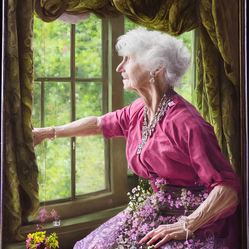 Elderly woman in pink blouse and purple skirt at open window with green curtains