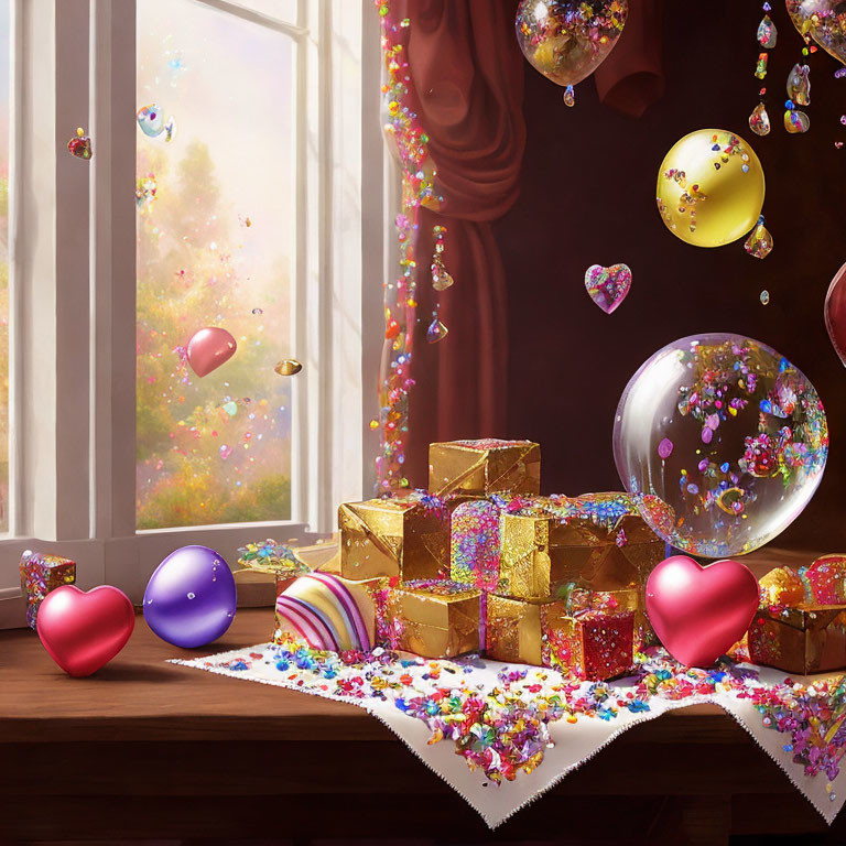 Colorful floating spheres, heart shapes, and golden gifts in a sunny, floral room