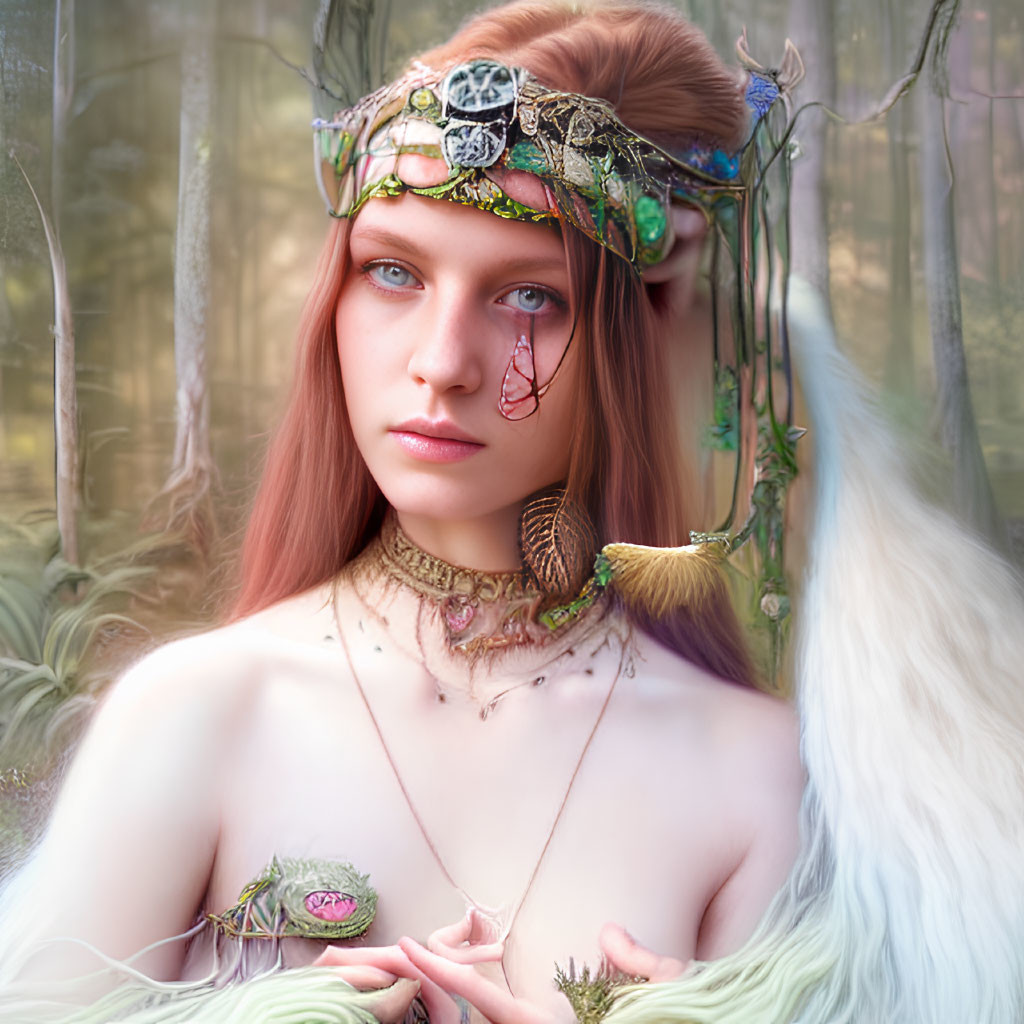 Red-haired young woman in fantasy attire with Celtic knot headband and leaf-like jewelry in ethereal forest