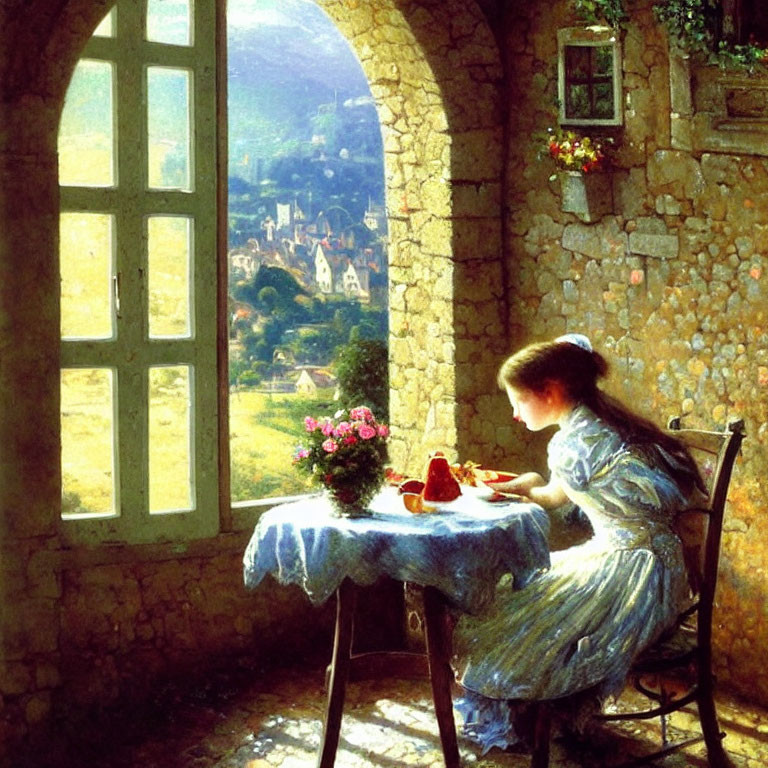 Girl at table by open window overlooking picturesque village with sunlight and flowers.