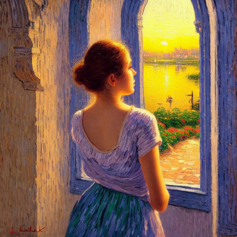 Woman in Purple Dress Watching Sunset over River from Arched Window