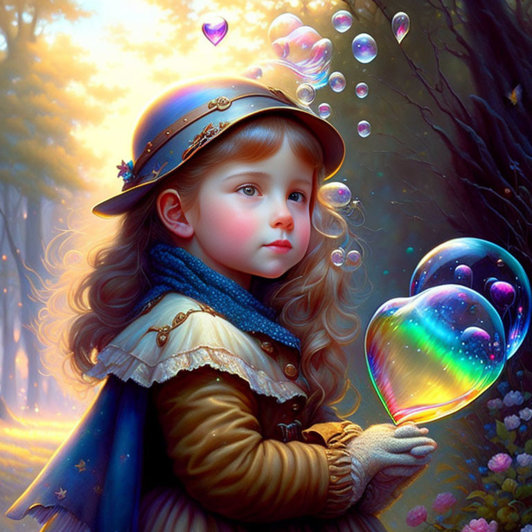 Digital illustration: Young girl in vintage clothing with heart-shaped bubble in mystical forest.
