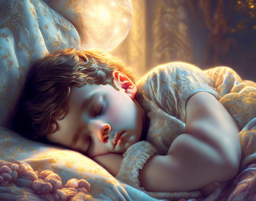 Young child sleeping peacefully in warm glow with ornate pillows and luminescent orb.