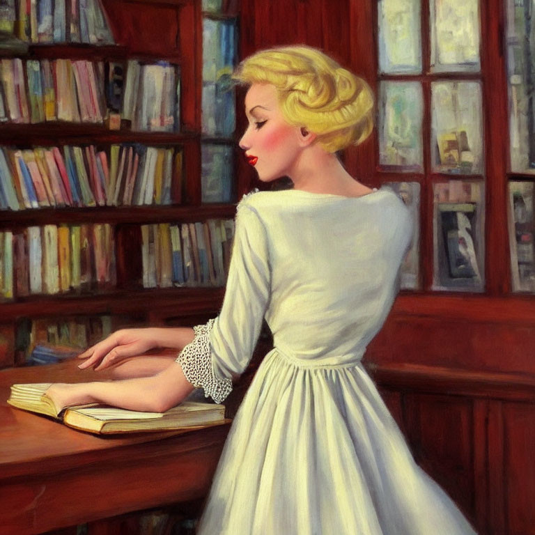 Illustration of woman with retro hairstyle reading book by window