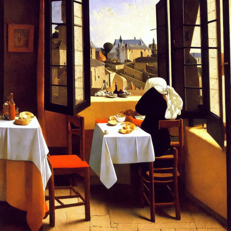Woman sitting by open window overlooking town with food tables