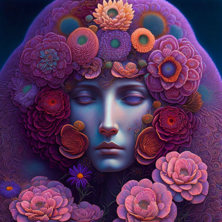 Surreal image of woman's face with closed eyes and vibrant floral hair