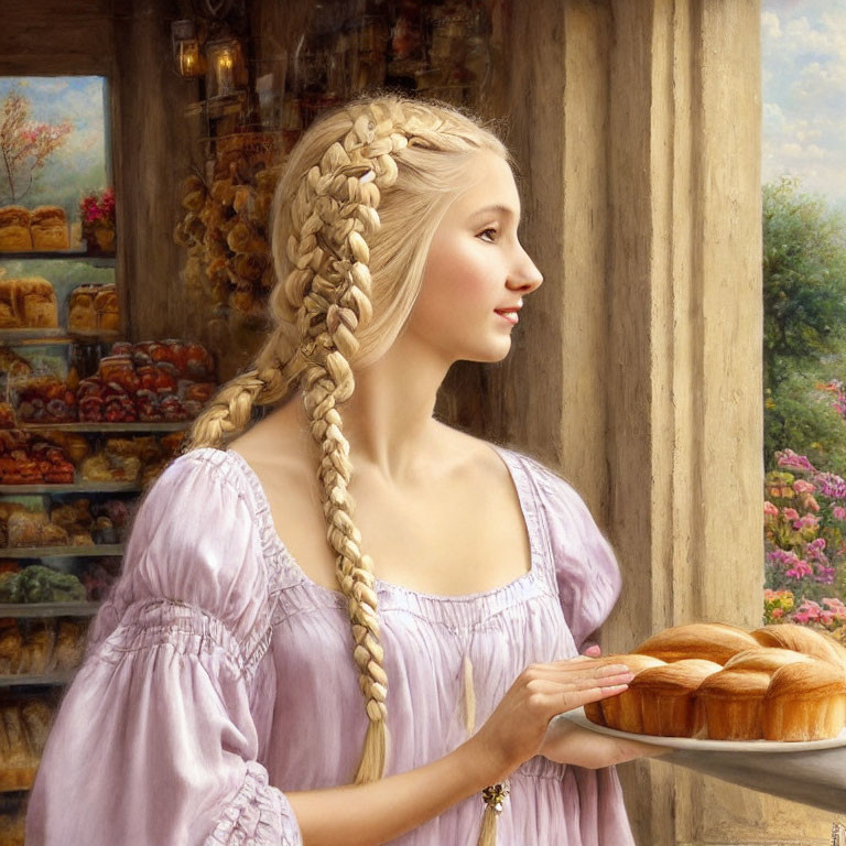Woman in lavender dress with braided hair holds tray by window with pastries shelves