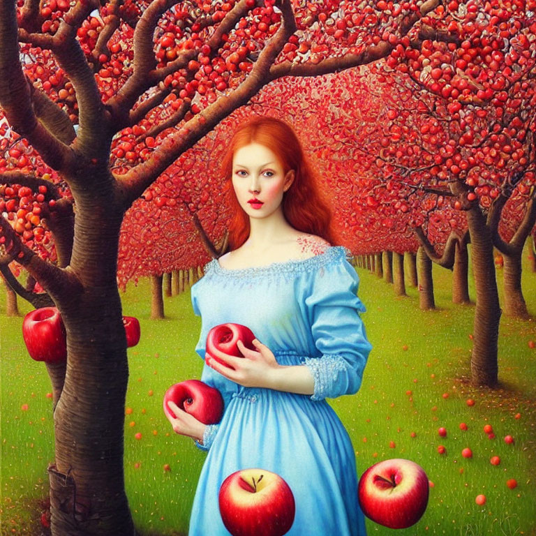 Woman in Blue Dress Standing in Apple Orchard with Scattered Apples