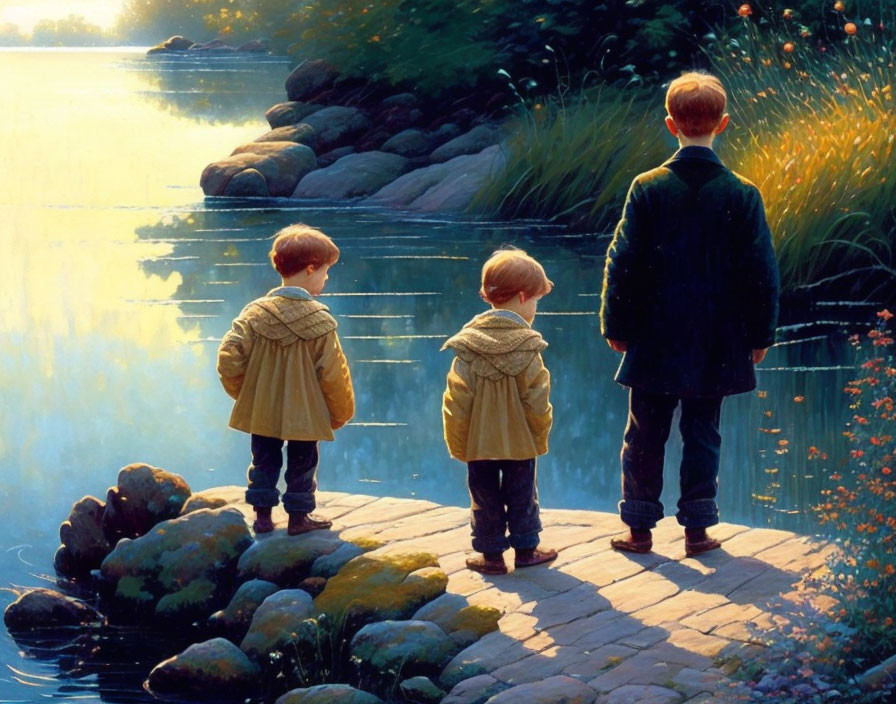 Three boys on dock at serene lake during sunset surrounded by vegetation