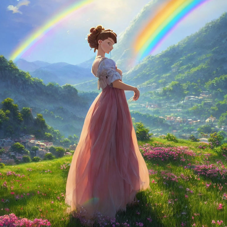 Animated character in pink dress admires double rainbow over flower meadow
