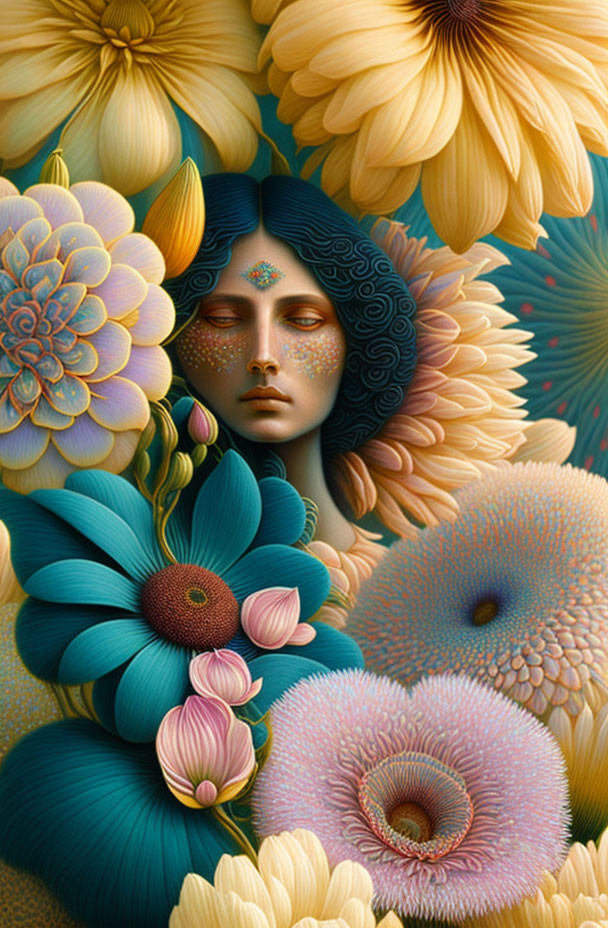Ethereal face with stylized floral tapestry in yellow, blue, and pink