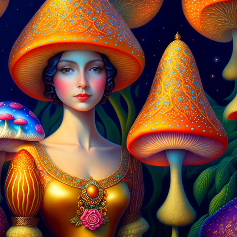 Stylized portrait of woman with mushroom cap hat in colorful forest
