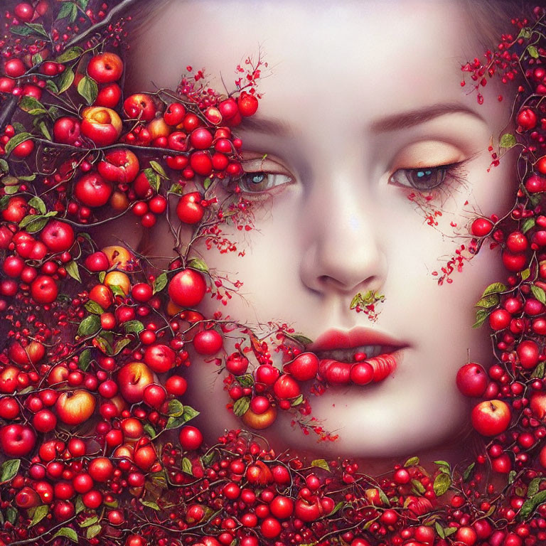 Digital artwork: Woman surrounded by red berry vines, blending with rosy cheeks and full lips.