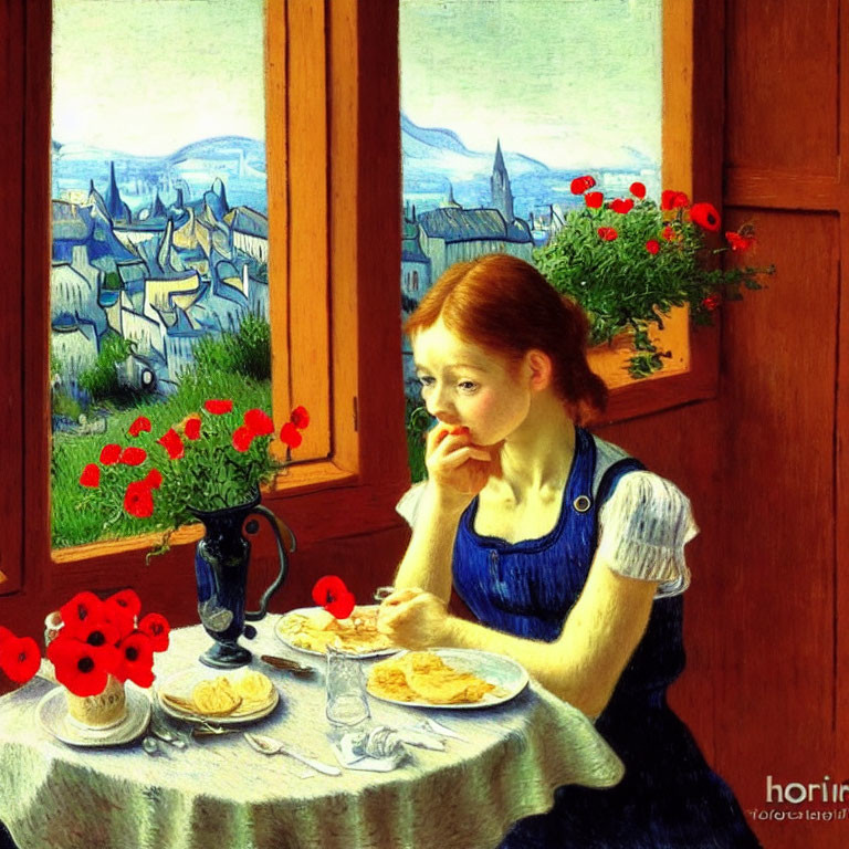 Girl eating at window table with urban landscape, poppies, and pastries.