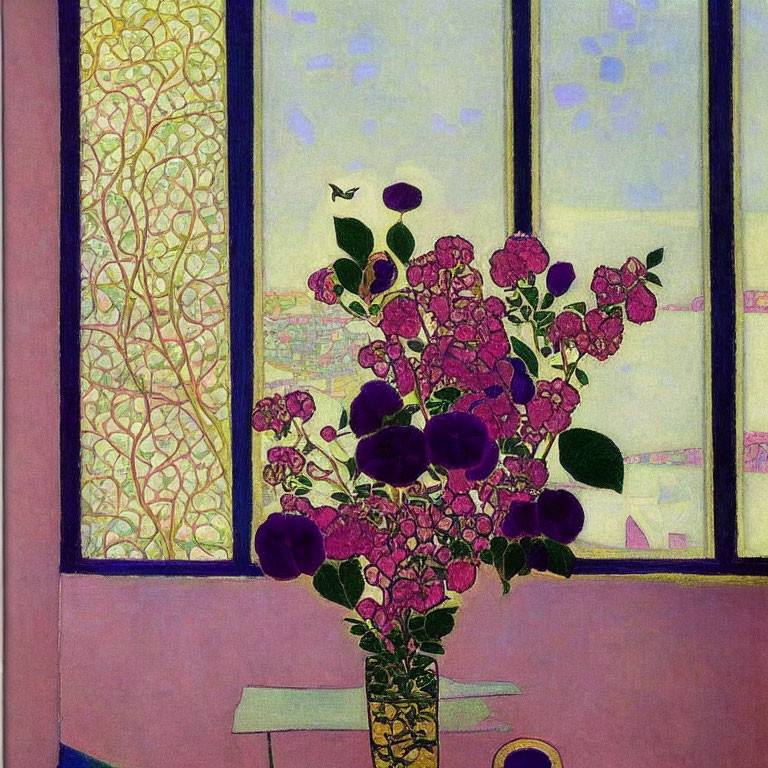 Colorful painting of purple flowers in vase with yellow curtain and blue sky view