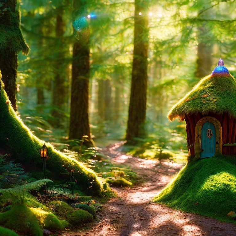 Whimsical moss-covered cottage in enchanting forest landscape