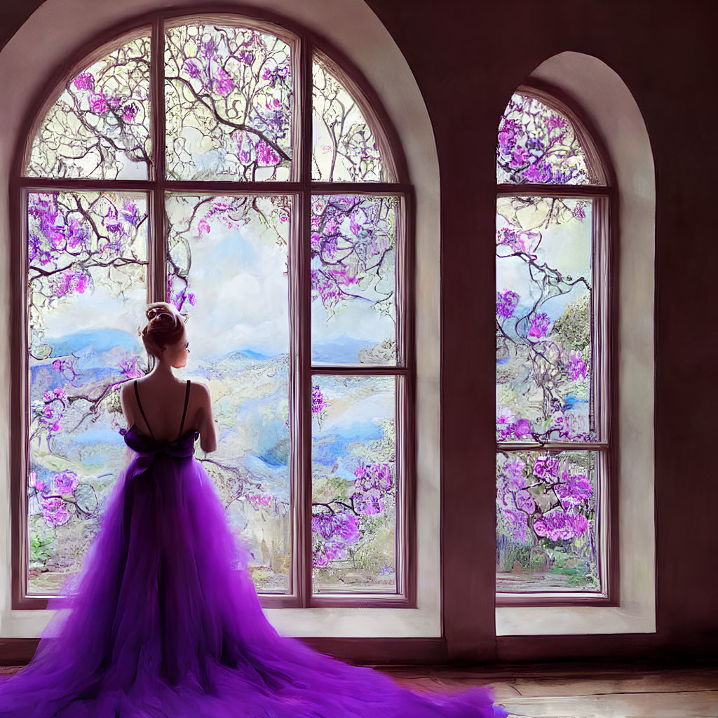 Woman in flowing purple dress looks out arched window at picturesque landscape with magenta trees.
